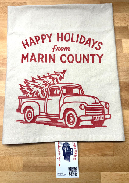 Happy Holidays Marin County Red Truck Organic Tea Towel
