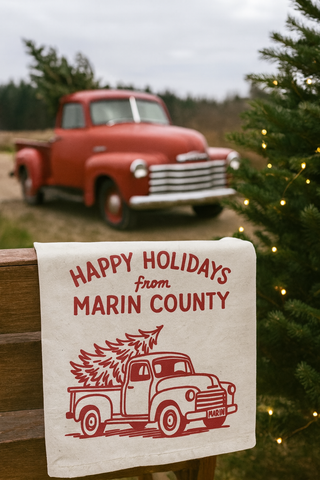 Happy Holidays Marin County Red Truck Organic Tea Towel