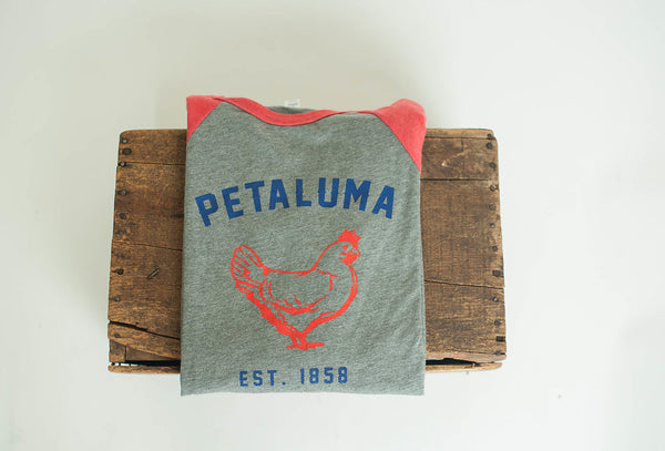 Unisex 3/4 Sleeve Baseball Tee with Chicken logo- Red/Heather