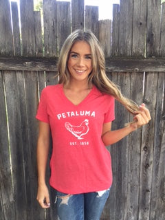 Women's Relaxed Jersey Short Sleeve V-Neck Tee in Heather Red with Chicken Logo
