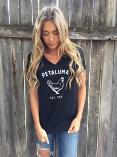 Women's Relaxed Jersey Short Sleeve V-Neck Tee in Black with Chicken Logo