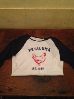 Women's Baby Rib 3/4 Sleeve Baseball Tee with  Petaluma Chicken logo White/Navy