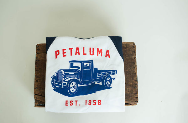 Women's Baby Rib 3/4 Sleeve Baseball Tee with  Petaluma Truck Logo White/Navy