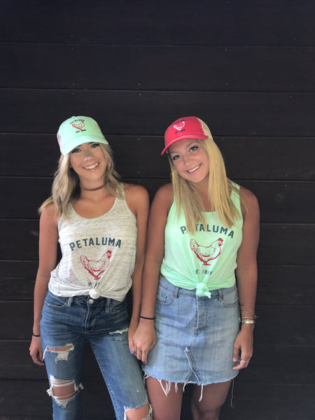 Women's Flowy Racerback Tank in Mint with Luma Vintage Petaluma Chicken