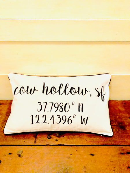 Cow Hollow Longitude Latitude Embroidered Lumbar Pillow Cover