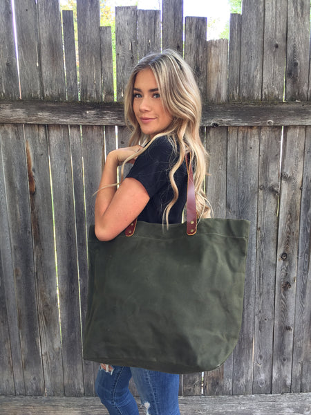 Waxed Canvas Tote Bag with Leather Handles- Navy Green Luma Vintage Collection