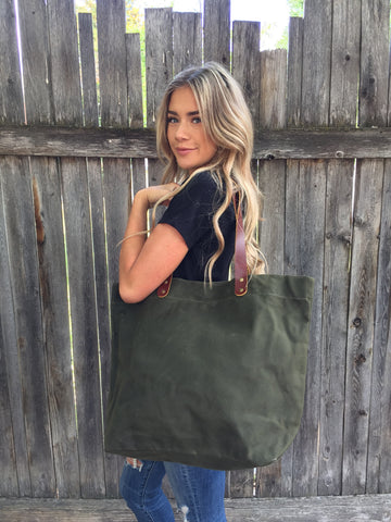 Waxed Canvas Tote Bag with Leather Handles- Navy Green Luma Vintage Collection