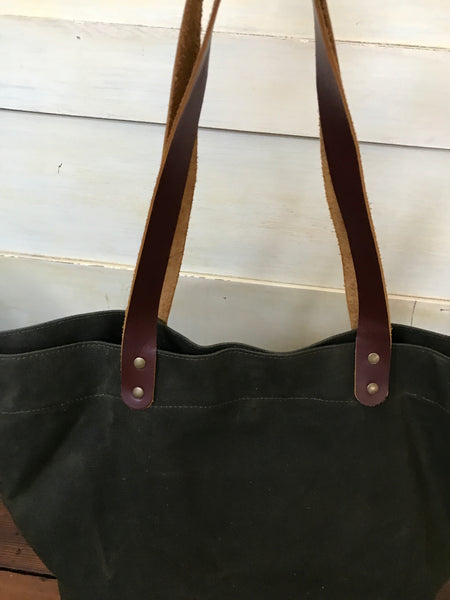 Waxed Canvas Tote Bag with Leather Handles- Navy Green Luma Vintage Collection