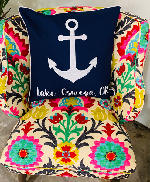 Lake Oswego Embroidered Anchor Pillow Cover