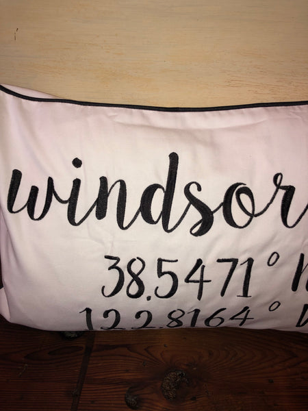 Windsor, CA Longitude Latitude Embroidered Lumbar Pillow Cover