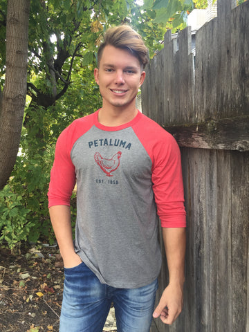 Unisex 3/4 Sleeve Baseball Tee with Chicken logo- Red/Heather