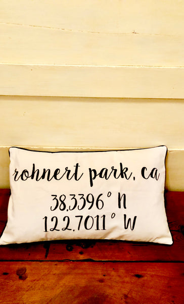 Rohnert Park Longitude Latitude Embroidered Lumbar Pillow Cover