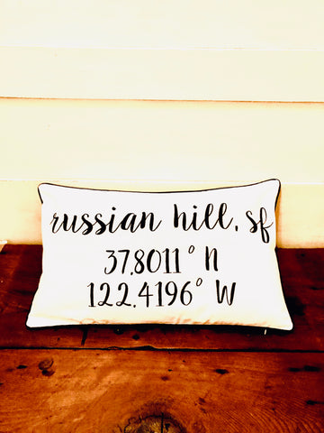 Russian Hill Longitude Latitude Embroidered Lumbar Pillow Cover