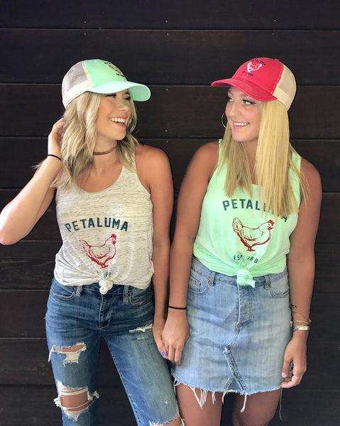 Women's Flowy Racerback Tank in Mint with Luma Vintage Petaluma Chicken