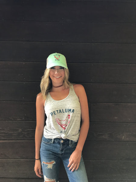 Women's Flowy Racerback Tank White Marble with Luma Vintage Petaluma Chicken