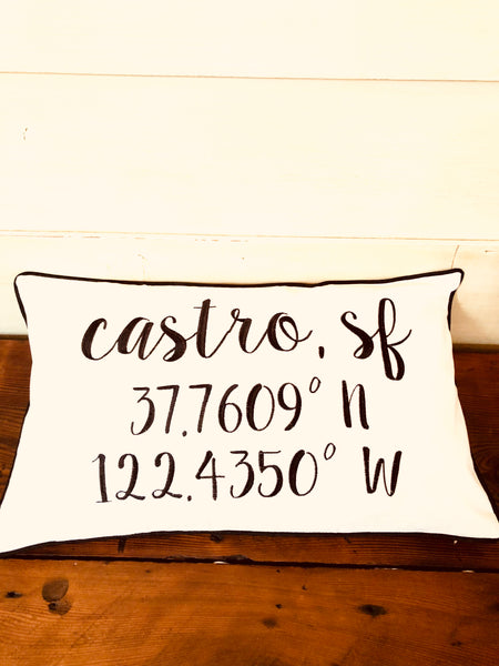 Castro, SF Longitude Latitude Embroidered Lumbar Pillow Cover