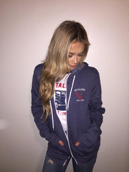 Heather Navy Zip Hoodie Custom Embroidered Luma Vintage Petaluma Chicken Logo- Custom Order