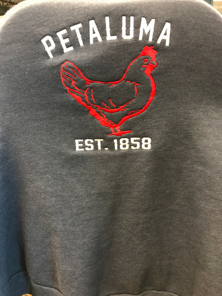 Heather Navy Zip Hoodie Custom Embroidered Luma Vintage Petaluma Chicken Logo- Custom Order