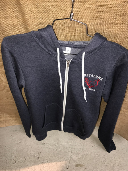 Heather Navy Zip Hoodie Custom Embroidered Luma Vintage Petaluma Chicken Logo- Custom Order