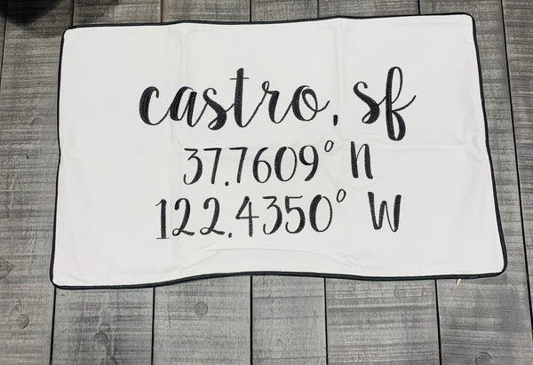 Castro, SF Longitude Latitude Embroidered Lumbar Pillow Cover