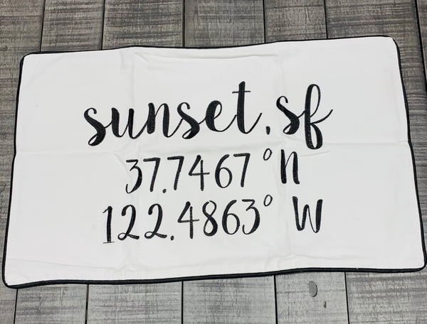 Sunset, SF Longitude Latitude Embroidered Lumbar Pillow Cover