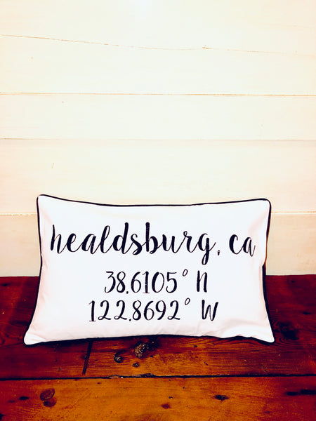 Healdsburg Longitude Latitude Embroidered Lumbar Pillow Cover