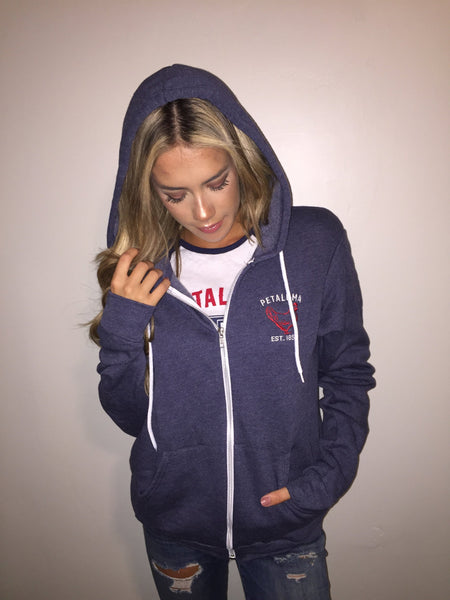 Heather Navy Zip Hoodie Embroidered Luma Vintage Petaluma Chicken Logo on the Front