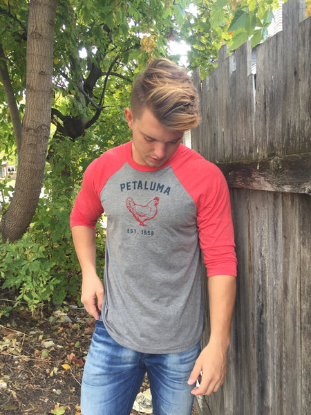 Unisex 3/4 Sleeve Baseball Tee with Chicken logo- Red/Heather