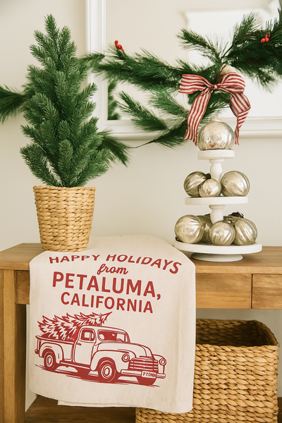 Happy Holidays Petaluma Red Truck Organic Tea Towel