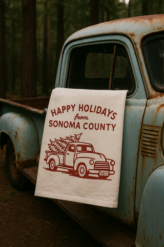 Happy Holidays Sonoma County Red Truck Organic Tea Towel