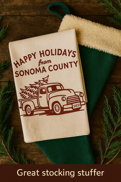 Happy Holidays Sonoma County Red Truck Organic Tea Towel