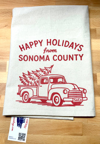Happy Holidays Sonoma County Red Truck Organic Tea Towel
