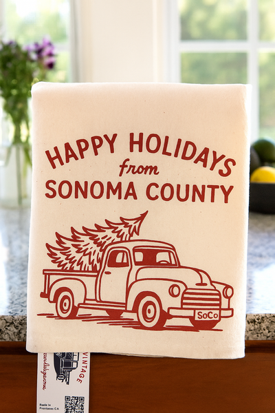 Happy Holidays Sonoma County Red Truck Organic Tea Towel