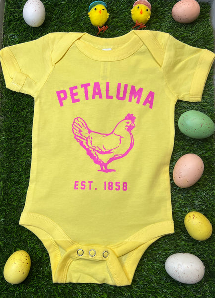 Luma Vintage Chicken Onesie- Yellow with pink image