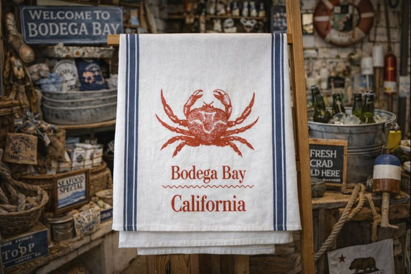 Bodega Bay Crab Tea Towel With Blue Stripes