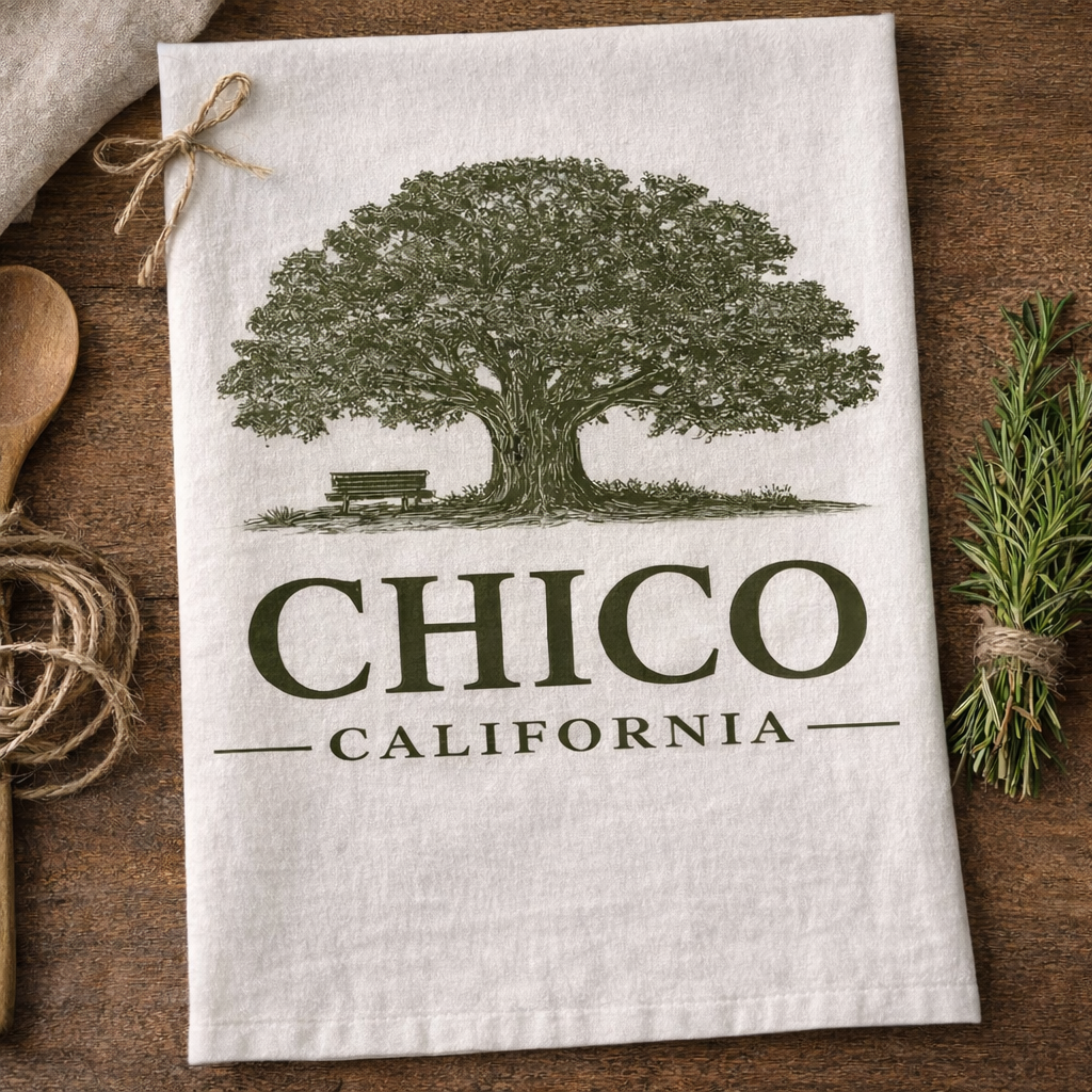 Chico California Oak Tree and Bench Tea Towel