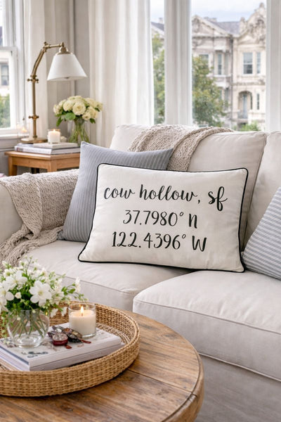 Cow Hollow Longitude Latitude Embroidered Lumbar Pillow Cover