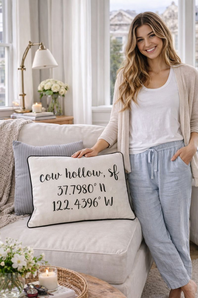 Cow Hollow Longitude Latitude Embroidered Lumbar Pillow Cover