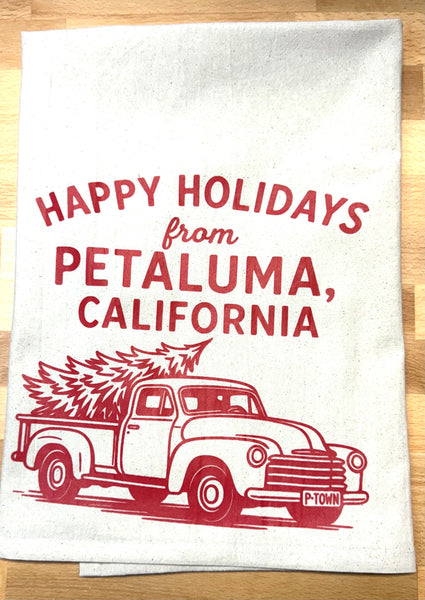 Happy Holidays Petaluma Red Truck Organic Tea Towel