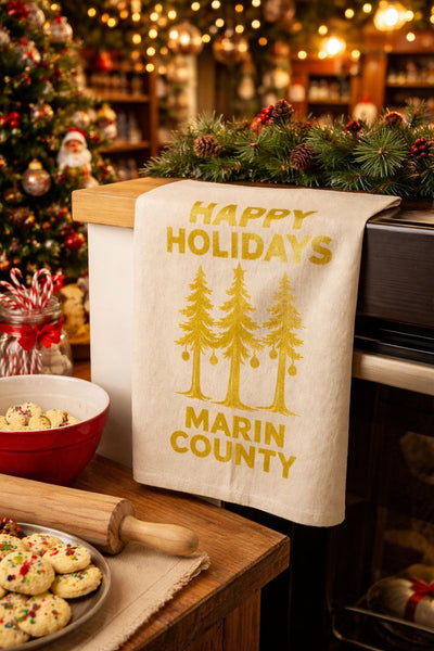 Happy Holidays Marin County Redwood Organic Flour Sack Tea Towel