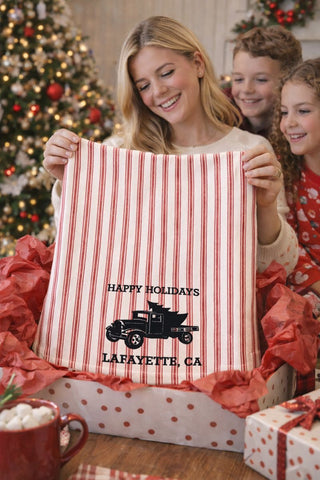 Lafayette California Happy Holidays Vintage Truck Tea Towel - Red Ticking