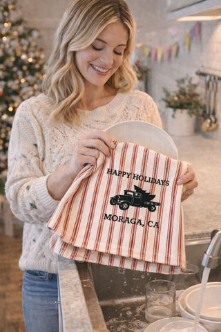 Moraga California Vintage Truck Happy Holidays Tea Towel - Red Ticking