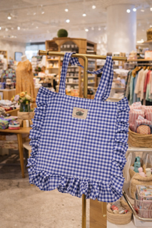 Gingham Ruffle Tote Bag – Blue & White Everyday Tote with Inside Pocket & Top Clasp