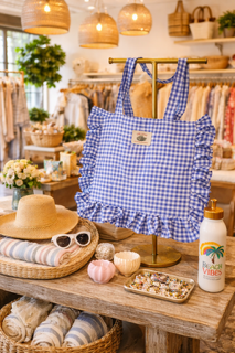 Gingham Ruffle Tote Bag – Blue & White Everyday Tote with Inside Pocket & Top Clasp