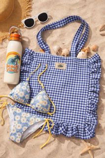 Gingham Ruffle Tote Bag – Blue & White Everyday Tote with Inside Pocket & Top Clasp