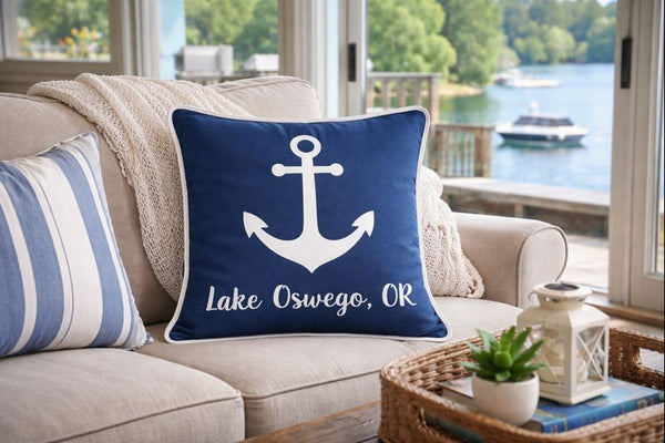 Lake Oswego Embroidered Anchor Pillow Cover