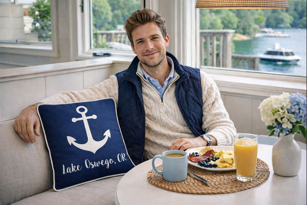 Lake Oswego Embroidered Anchor Pillow Cover