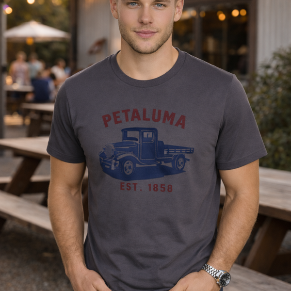 Men's T-shirt with Petaluma Truck logo in Asphalt Luma Vintage