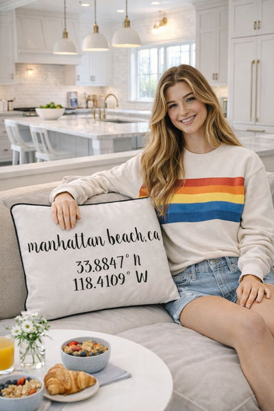 Manhattan Beach Longitude Latitude Embroidered Lumbar Pillow Cover