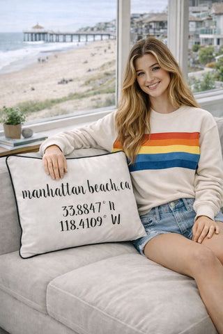 Manhattan Beach Longitude Latitude Embroidered Lumbar Pillow Cover